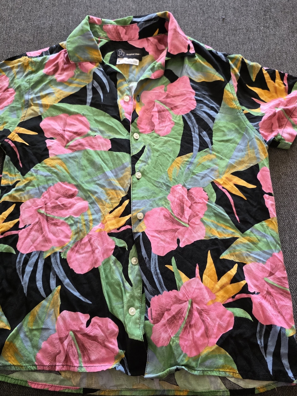Original Use Black Button-Up Shirt with Pink Floral Print